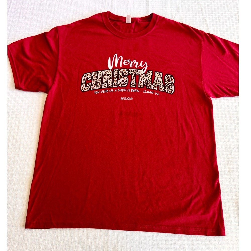 Kerusso Christian Christmas Leopard Print Red T-Shirt Isaiah 9:6 Jerzees Large